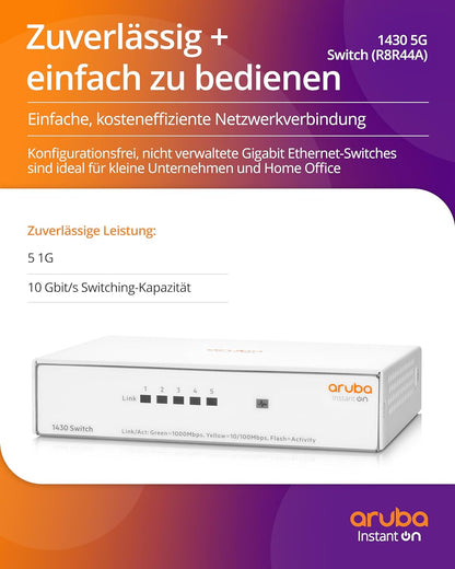Aruba Instant On 1430 5-Port Gb Unmanaged Layer-2-Ethernet-Switch | 5x 1G | Lüfterlos | EU-Kabel (R8R44A#ABB