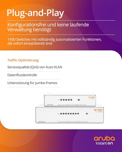 HPE Networking Instant On-Switch-Serie 1430 – Nicht verwalteter Layer-2-Ethernet-Switch mit 8-Port Gb | 8X 1G | Lüfterlos | EU-Kabel (R8R45A#ABB