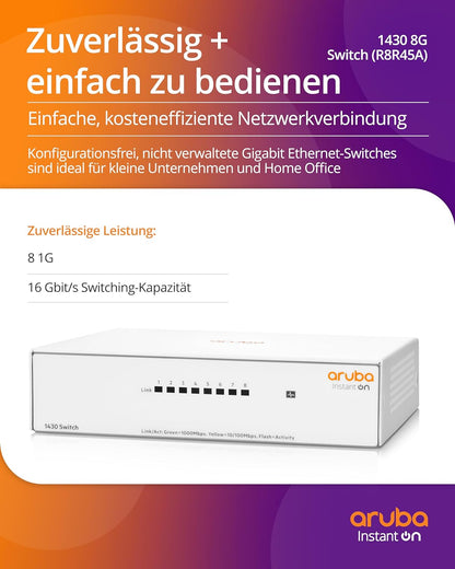 HPE Networking Instant On-Switch-Serie 1430 – Nicht verwalteter Layer-2-Ethernet-Switch mit 8-Port Gb | 8X 1G | Lüfterlos | EU-Kabel (R8R45A#ABB