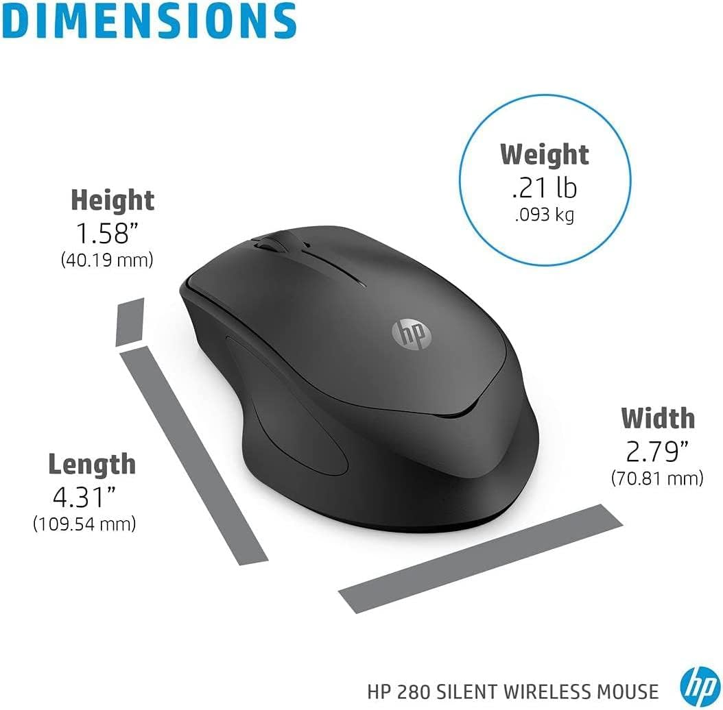 HP 280 Silent PC Wireless Mouse, HP Blue Optical Technology, 1600 DPI to track precisely on any surface90% noise reduction, Comfortable & Ergonomic Design, USB A Dongle Included, Black