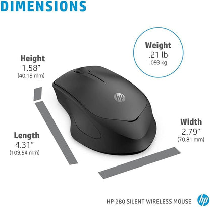 HP 280 Silent PC Wireless Mouse, HP Blue Optical Technology, 1600 DPI to track precisely on any surface90% noise reduction, Comfortable & Ergonomic Design, USB A Dongle Included, Black