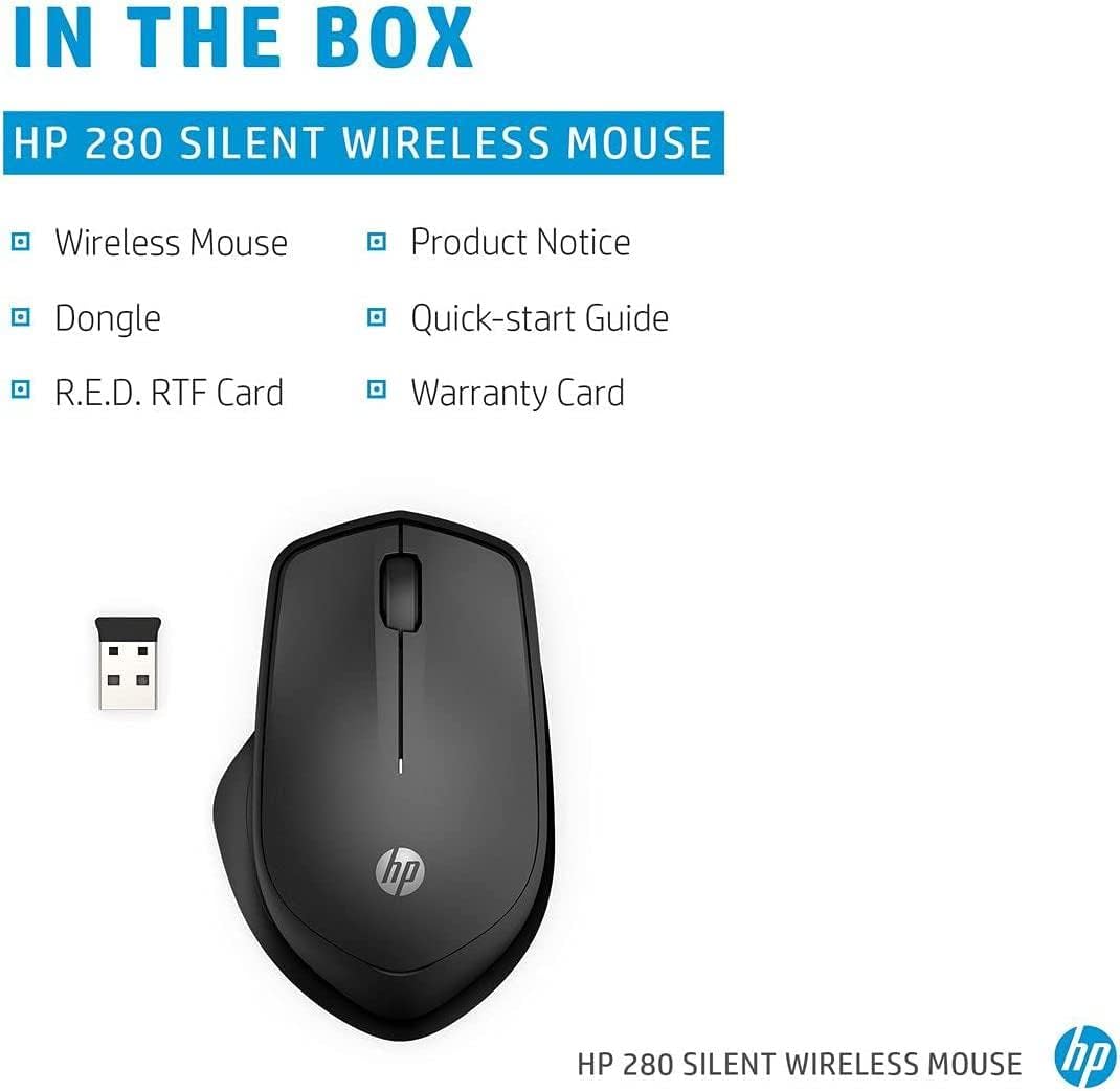 HP 280 Silent PC Wireless Mouse, HP Blue Optical Technology, 1600 DPI to track precisely on any surface90% noise reduction, Comfortable & Ergonomic Design, USB A Dongle Included, Black