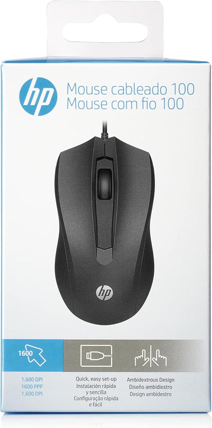HP 100 Mouse Cablato, 1.600 DPI, destrorso, 3 pulsanti, rotella di corrimento, nero