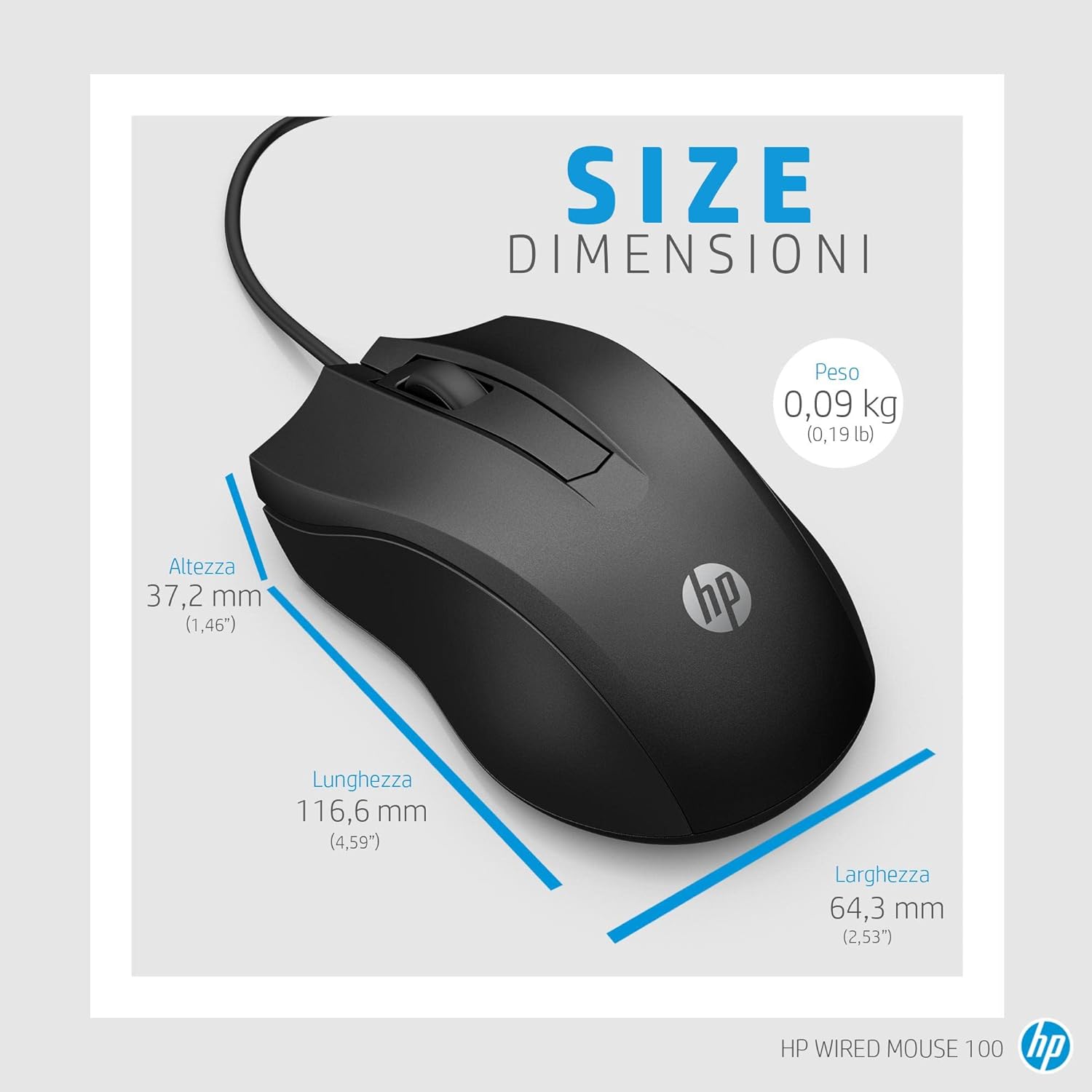 HP 100 Mouse Cablato, 1.600 DPI, destrorso, 3 pulsanti, rotella di corrimento, nero