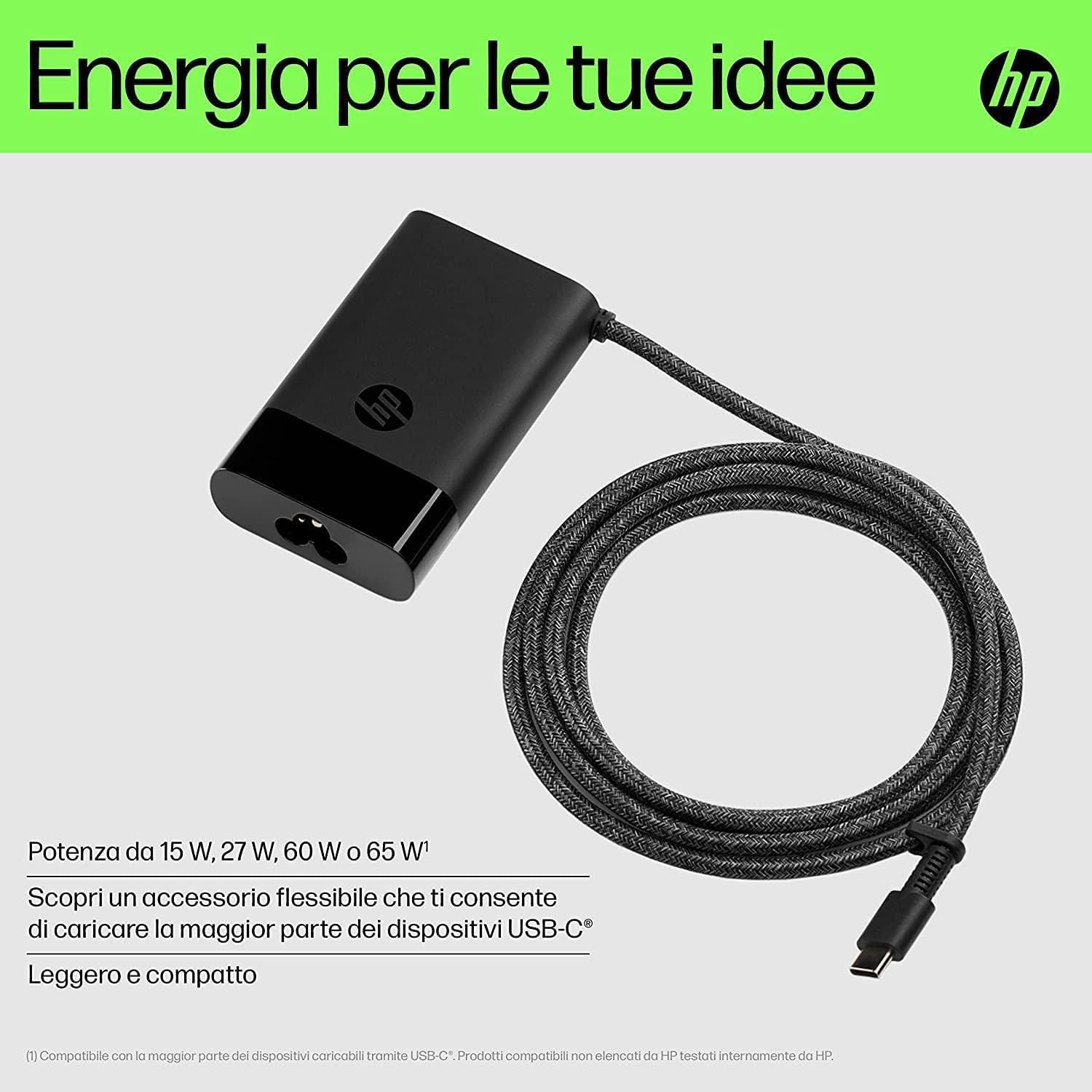HP Alimentatore Laptop USB-C GaN da 65 W, Compatibile con PC HP dotati di porta USB-C, Nero