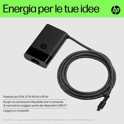 HP Alimentatore Laptop USB-C GaN da 65 W, Compatibile con PC HP dotati di porta USB-C, Nero