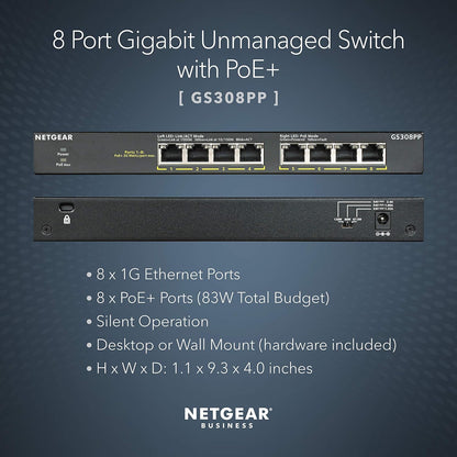 NETGEAR Switch de red PoE no gestionado de 8 puertos GS308PP - Switch Gigabit Ethernet con 8x PoE+ consumo 83W, montaje en sobremesa o pared