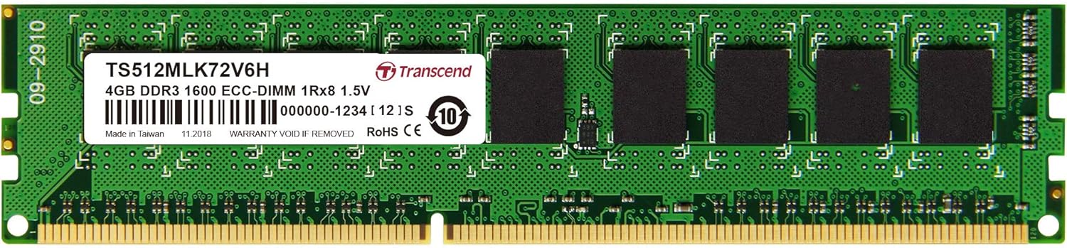 Transcend TS512MLK72V6H - Memoria RAM de 4 GB (240 Pin DIMM, DDR3 SDRAM, 1600 MHz, ECC