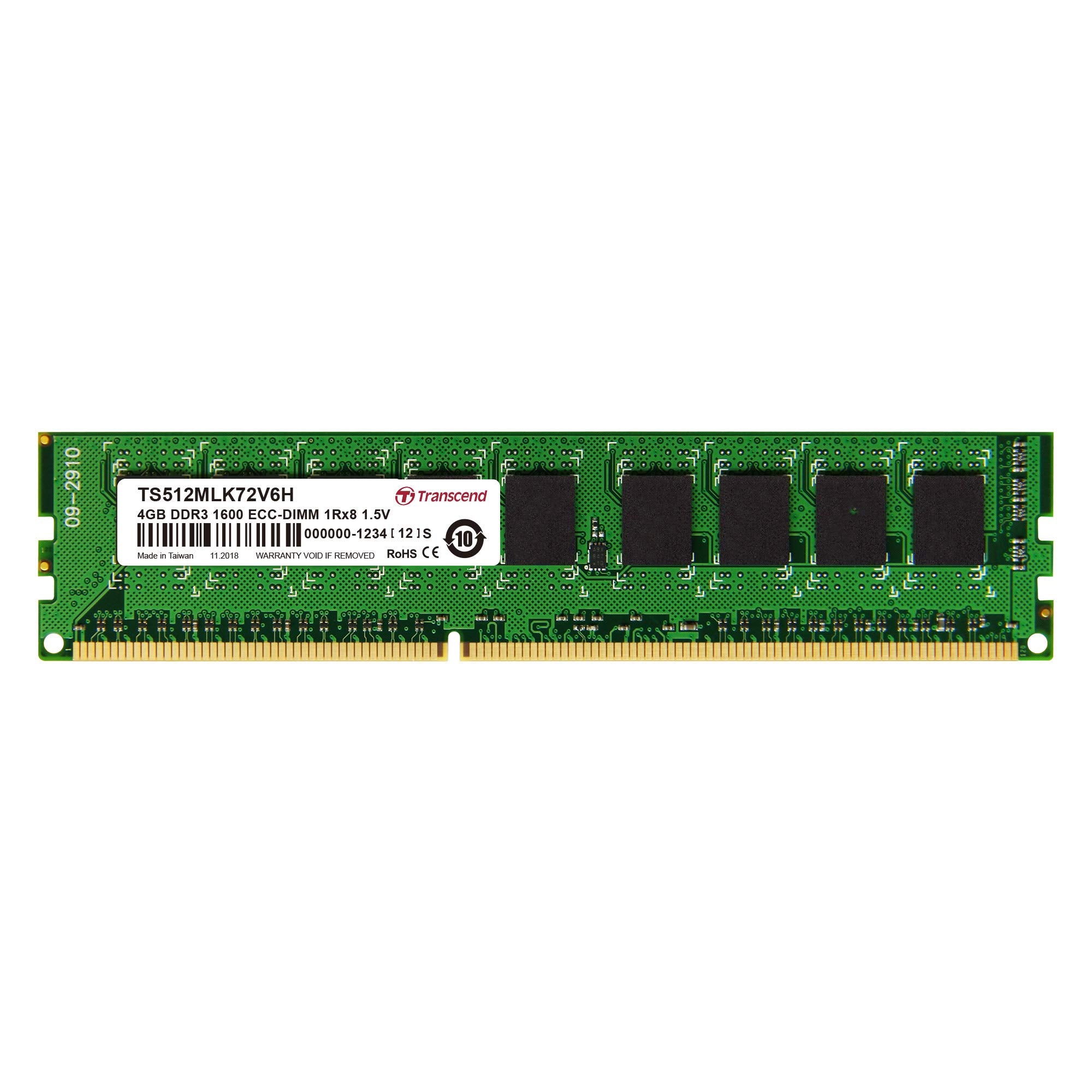 Transcend TS512MLK72V6H - Memoria RAM de 4 GB (240 Pin DIMM, DDR3 SDRAM, 1600 MHz, ECC