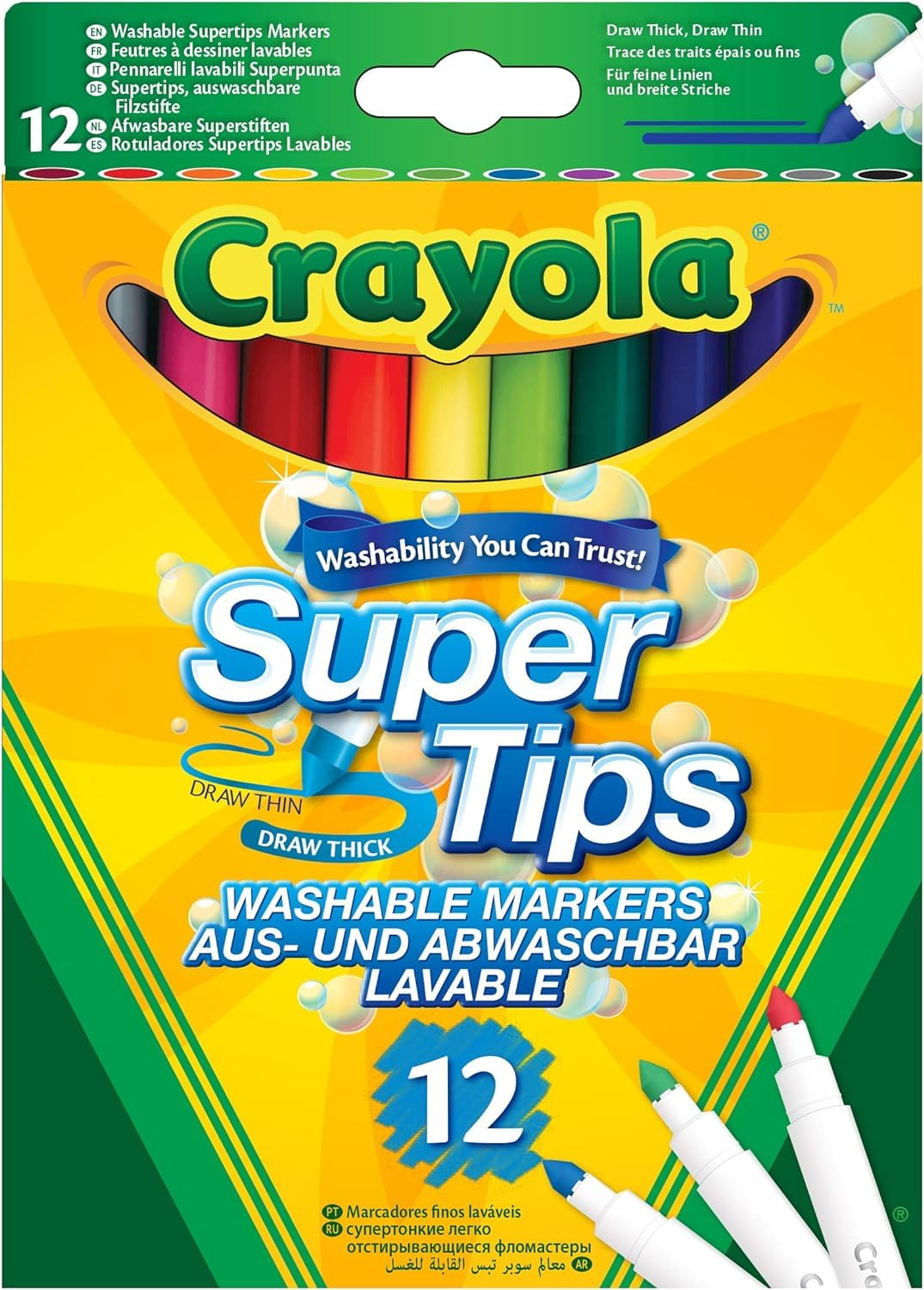 CRAYOLA SuperTips Washable Markers - Assorted Colours (Pack of 12) Premium Felt Tip Pens That Can Easily Wash Off Skin & Clothing Ideal for Kids Aged 3+ 12 Count (Pack of 1)