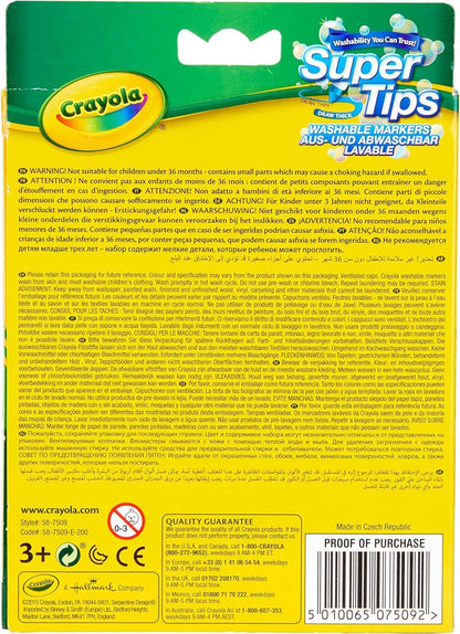 CRAYOLA SuperTips Washable Markers - Assorted Colours (Pack of 12) Premium Felt Tip Pens That Can Easily Wash Off Skin & Clothing Ideal for Kids Aged 3+ 12 Count (Pack of 1)