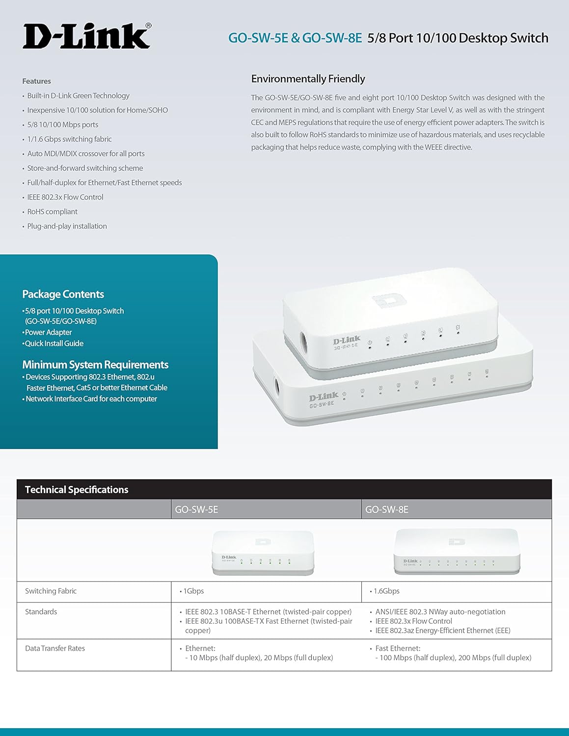 D-Link GO-SW-5E Switch Desktop, 5 Porte RJ45 Fast Ethernet 10/100Mbps, Plug & Play, Plastica