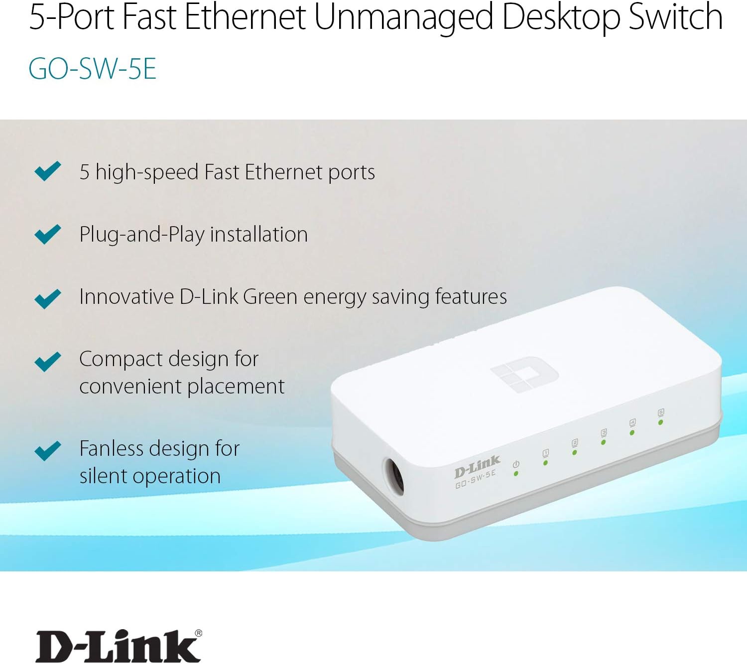 D-Link GO-SW-5E Switch Desktop, 5 Porte RJ45 Fast Ethernet 10/100Mbps, Plug & Play, Plastica