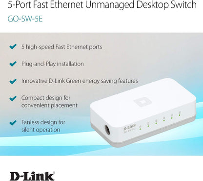 D-Link GO-SW-5E Switch Desktop, 5 Porte RJ45 Fast Ethernet 10/100Mbps, Plug & Play, Plastica