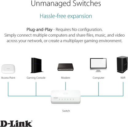 D-Link GO-SW-5E Switch Desktop, 5 Porte RJ45 Fast Ethernet 10/100Mbps, Plug & Play, Plastica