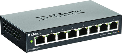 D-Link DGS-1100-08V2 Smart Switch Gestito, 8 Porte Gigabit, Supporto VLAN, Funzionalità layer 2, QoS, 802.3az EEE, Senza Ventole, Nero