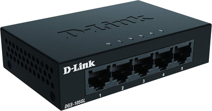 D-Link DGS-105GL 5-Port Unmanaged Gigabit Switch (ohne Lüfter, Low Profile Metallgehäuse, Desktop, Plug-and-Play, QoS, 802.3az EEE), Black