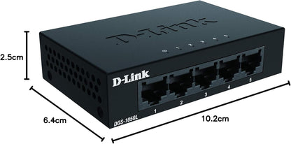 D-Link DGS-105GL 5-Port Unmanaged Gigabit Switch (ohne Lüfter, Low Profile Metallgehäuse, Desktop, Plug-and-Play, QoS, 802.3az EEE), Black