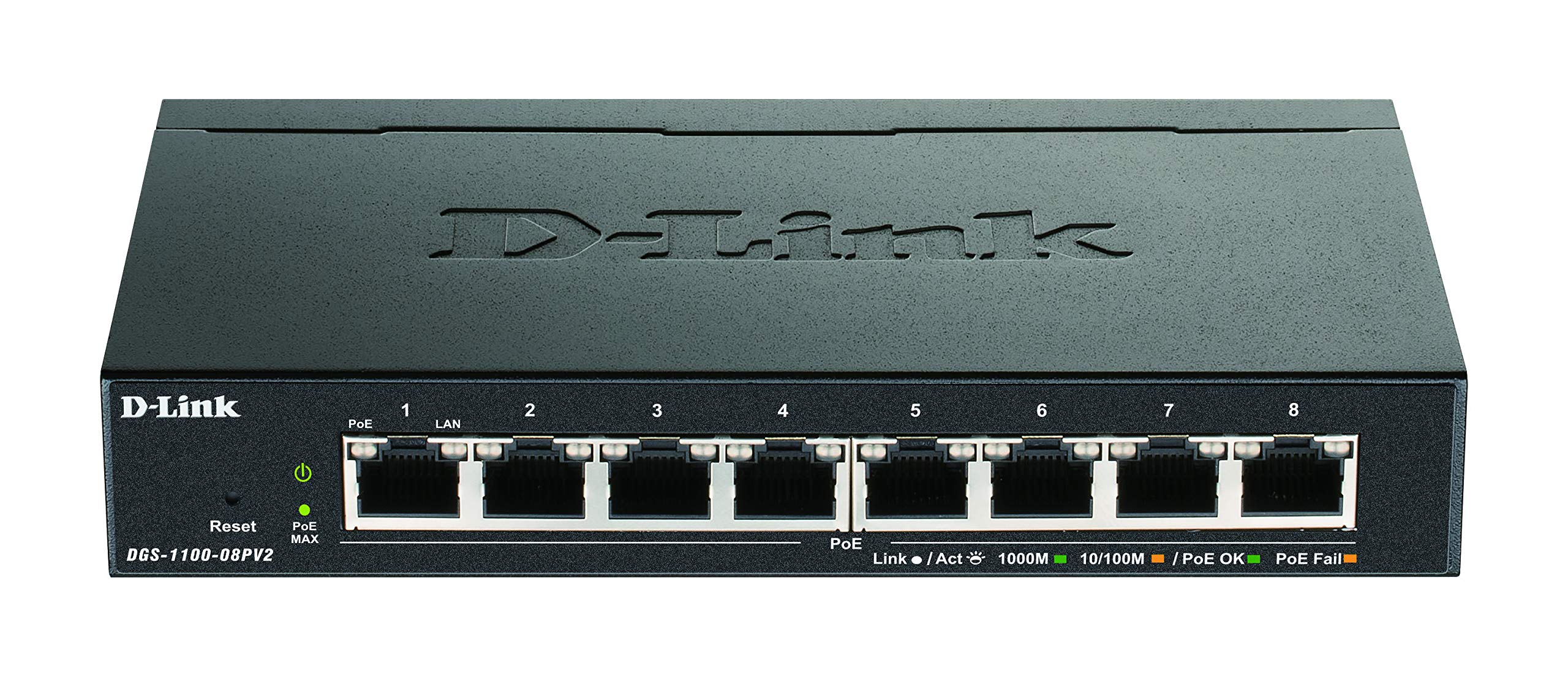 D-Link DGS-1100-08PV2/E, 8-Port Layer 2 Gigabit PoE Smart Switch (8 x 10/100/1000 Mbit/s BaseT PoE Port, 64W PoE Kapazität, lüfterlos, Metallgehäuse) - Nur EU-Netzkabel, Schwarz