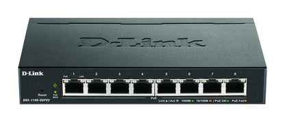 D-Link DGS-1100-08PV2/E, 8-Port Layer 2 Gigabit PoE Smart Switch (8 x 10/100/1000 Mbit/s BaseT PoE Port, 64W PoE Kapazität, lüfterlos, Metallgehäuse) - Nur EU-Netzkabel, Schwarz