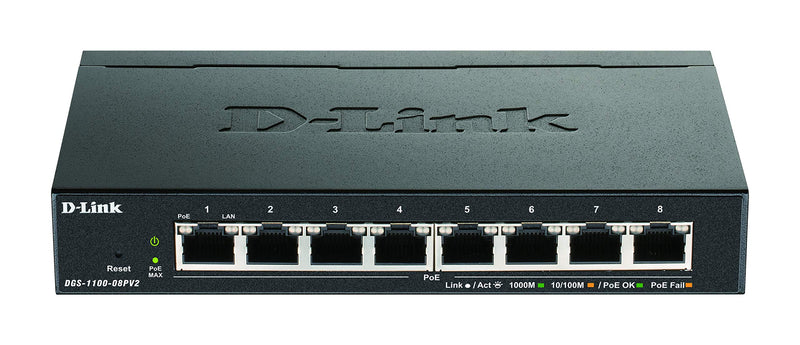 D-Link DGS-1100-08PV2/E, 8-Port Layer 2 Gigabit PoE Smart Switch (8 x 10/100/1000 Mbit/s BaseT PoE Port, 64W PoE Kapazität, lüfterlos, Metallgehäuse) - Nur EU-Netzkabel, Schwarz