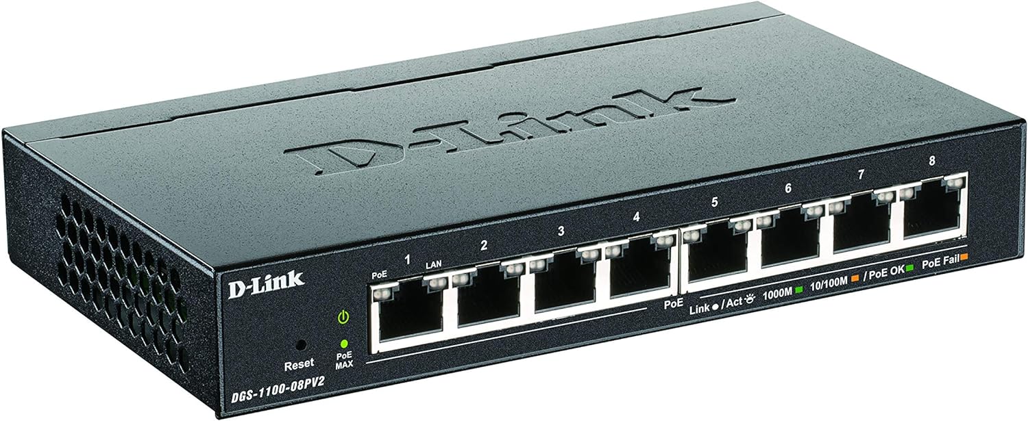 D-Link DGS-1100-08PV2/E, 8-Port Layer 2 Gigabit PoE Smart Switch (8 x 10/100/1000 Mbit/s BaseT PoE Port, 64W PoE Kapazität, lüfterlos, Metallgehäuse) - Nur EU-Netzkabel, Schwarz