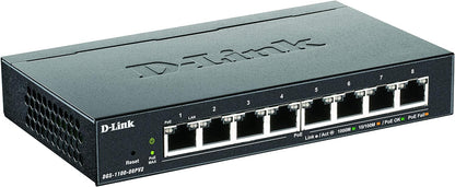D-Link DGS-1100-08PV2/E, 8-Port Layer 2 Gigabit PoE Smart Switch (8 x 10/100/1000 Mbit/s BaseT PoE Port, 64W PoE Kapazität, lüfterlos, Metallgehäuse) - Nur EU-Netzkabel, Schwarz