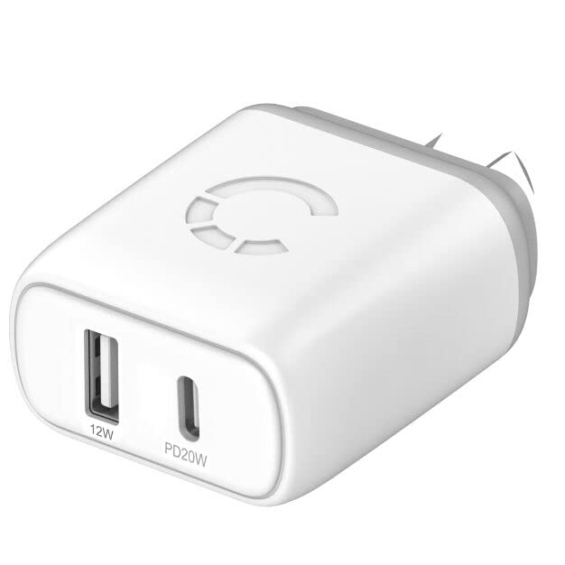 Cygnett PowerPlus 32W USB-C PD Dual Port Wall Charger – Caricabatterie con porte USB-C (20 W) e USB-A (12 W) – Spina Europea - Bianco - CY3626POFLW