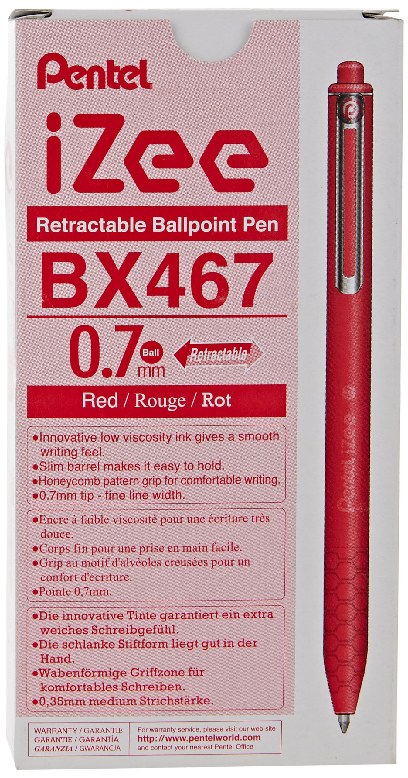 Pentel Bolígrafo de punta redonda I Zee, rojo, 0,7 mm, paquete de 12 unidades