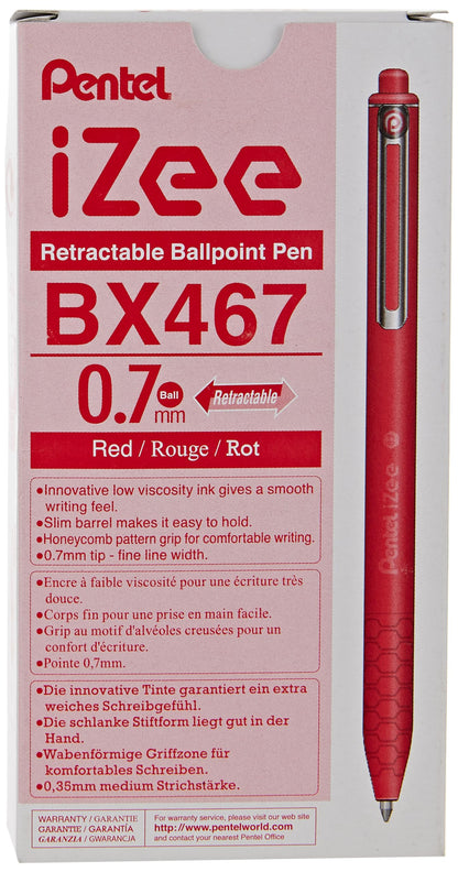 Pentel Bolígrafo de punta redonda I Zee, rojo, 0,7 mm, paquete de 12 unidades