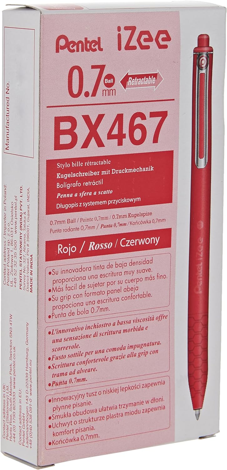 Pentel Bolígrafo de punta redonda I Zee, rojo, 0,7 mm, paquete de 12 unidades