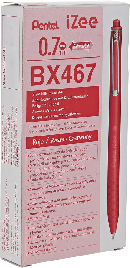 Pentel Bolígrafo de punta redonda I Zee, rojo, 0,7 mm, paquete de 12 unidades