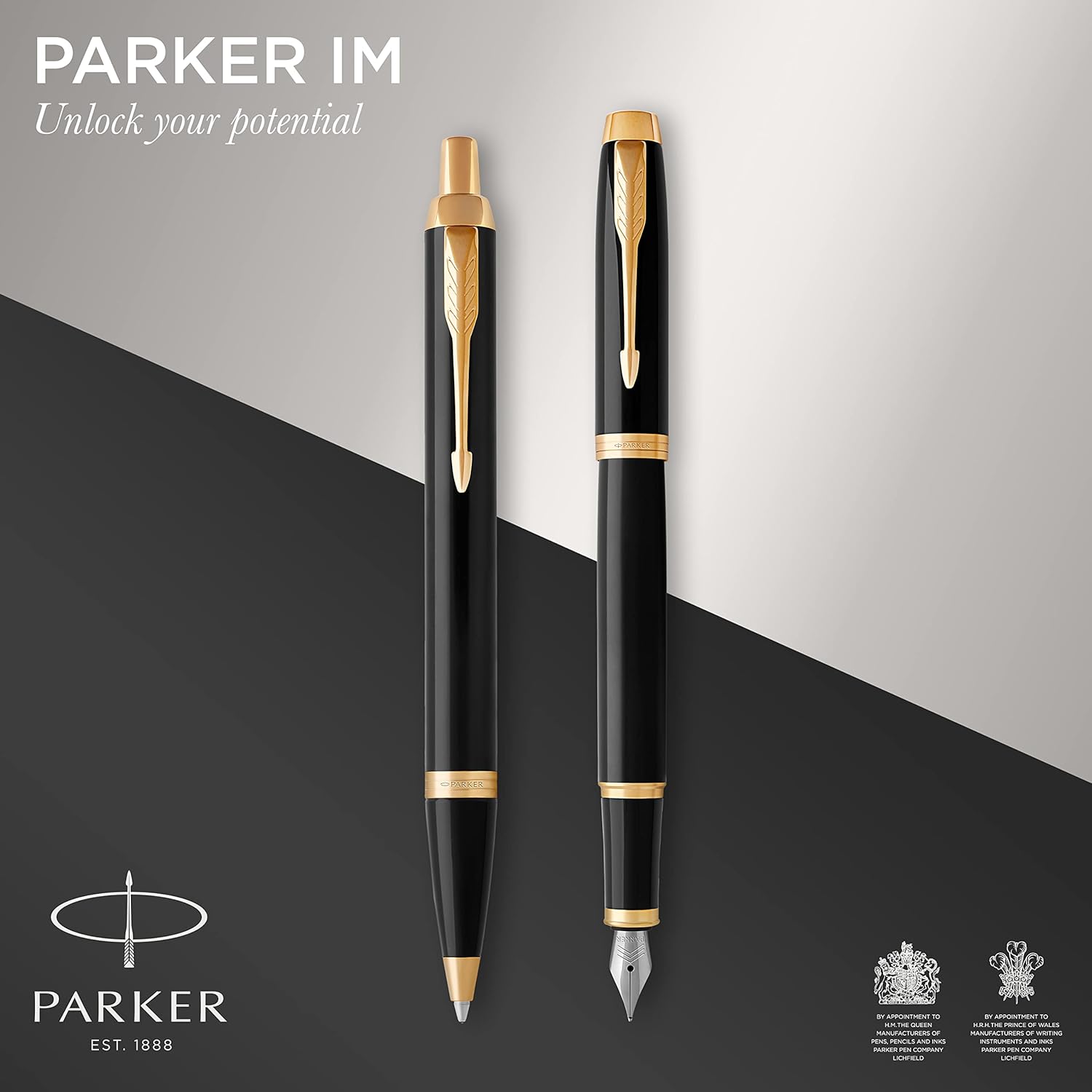 Parker IM Duo Gift Set with Ballpoint Pen & Fountain Pen | Gloss Black with Gold Trim | Blue Ink Refill & Cartridge | Gift Box
