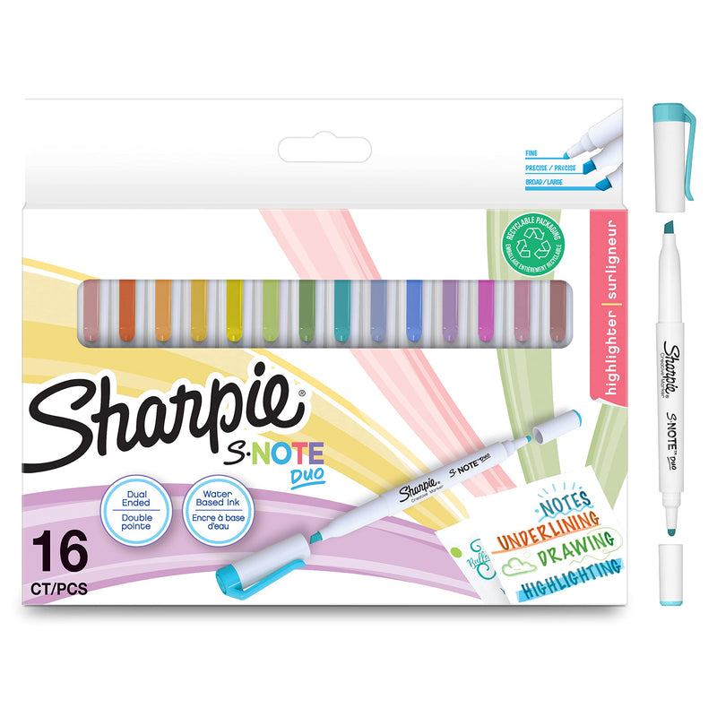 SHARPIE S-Note Duo evidenziatori | Pennarelli creativi a punta doppia in colori pastello | Punta a proiettile e punta a scalpello per sottolineare| 16 pezzi