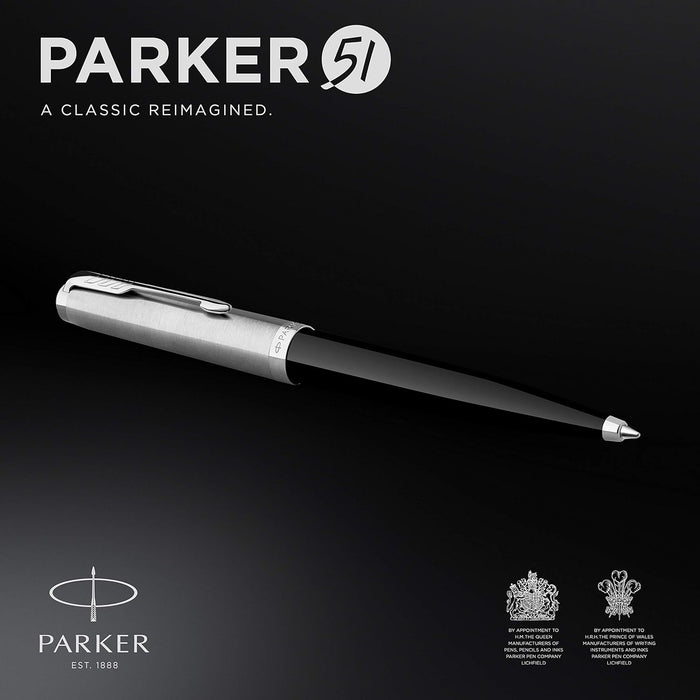 Parker 51 Ballpoint Pen | Black Barrel with Chrome Trim | Medium Point with Black Ink Refill | Gift Box