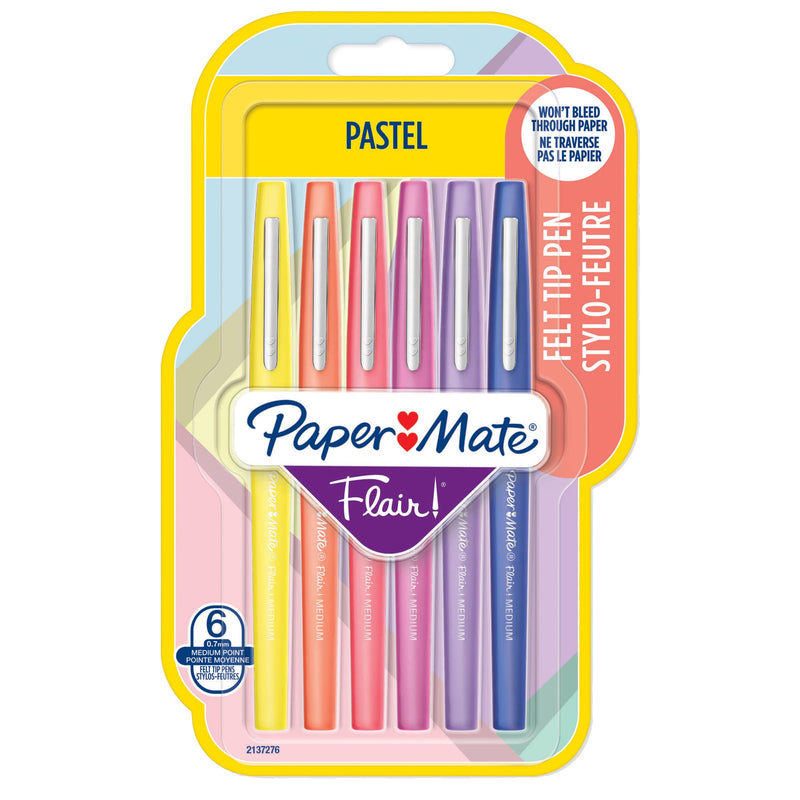 PAPER MATE Papermate 95236 Blister Pack of 6 Nylon Flair Marker, Assorted Colours, Pastel