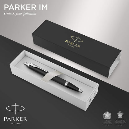 PARKER IM Ballpoint Pen | Matte Black with Chrome Trim | Medium Point with Blue Ink Refill | Gift Box