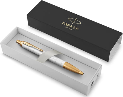 Parker IM Ballpoint Pen | Premium Pearl Lacquer with Gold Trim | Medium Point with Blue Ink Refill | Gift Box