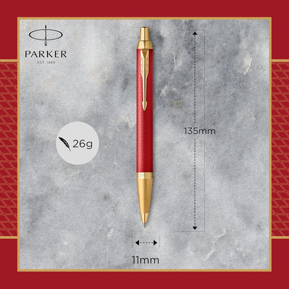 Parker IM Ballpoint Pen | Premium Red Lacquer with Gold Trim | Medium Point with Blue Ink Refill | Gift Box