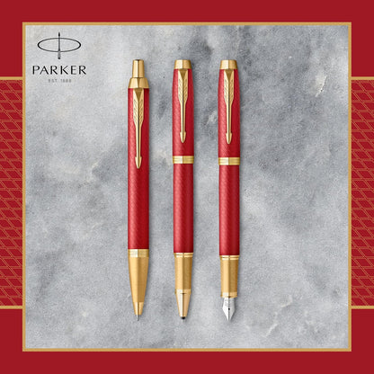 Parker IM Ballpoint Pen | Premium Red Lacquer with Gold Trim | Medium Point with Blue Ink Refill | Gift Box