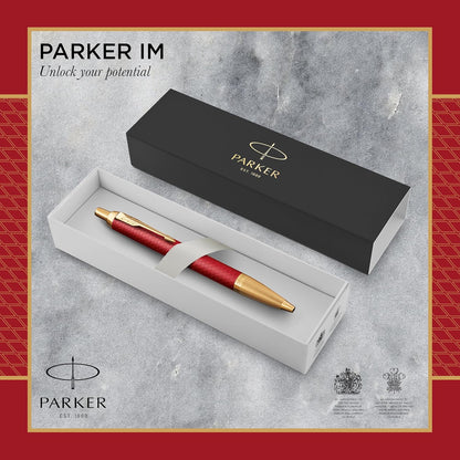 Parker IM Ballpoint Pen | Premium Red Lacquer with Gold Trim | Medium Point with Blue Ink Refill | Gift Box