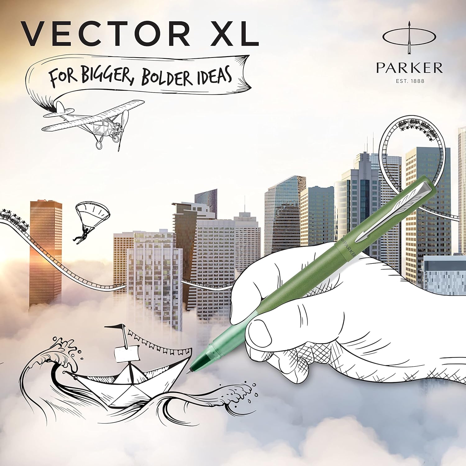 Parker Vector XL Rollerball Pen | Metallic Green Lacquer on Brass | Fine Point with Black Ink Refill | Gift Box