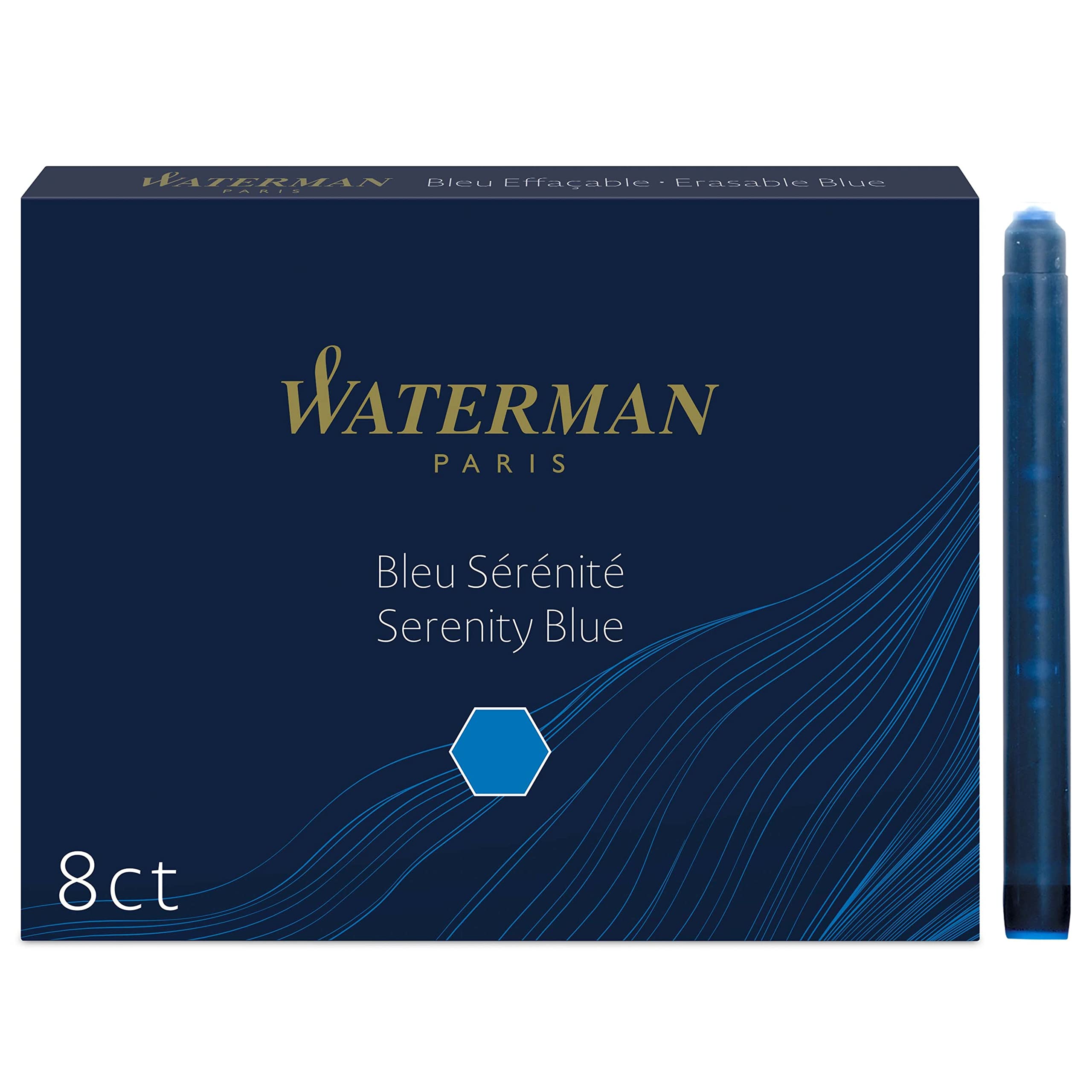 Waterman Fountain Pen Refill Ink Cartridges | Long Standard | Serenity Blue | 8 Count