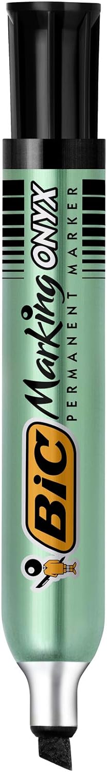 Bic - Onyx Marker- 12 Permanent markers Bevel point Metal body large capacity Black ink- 1591 3.5mm - 5.5mm Box of 12