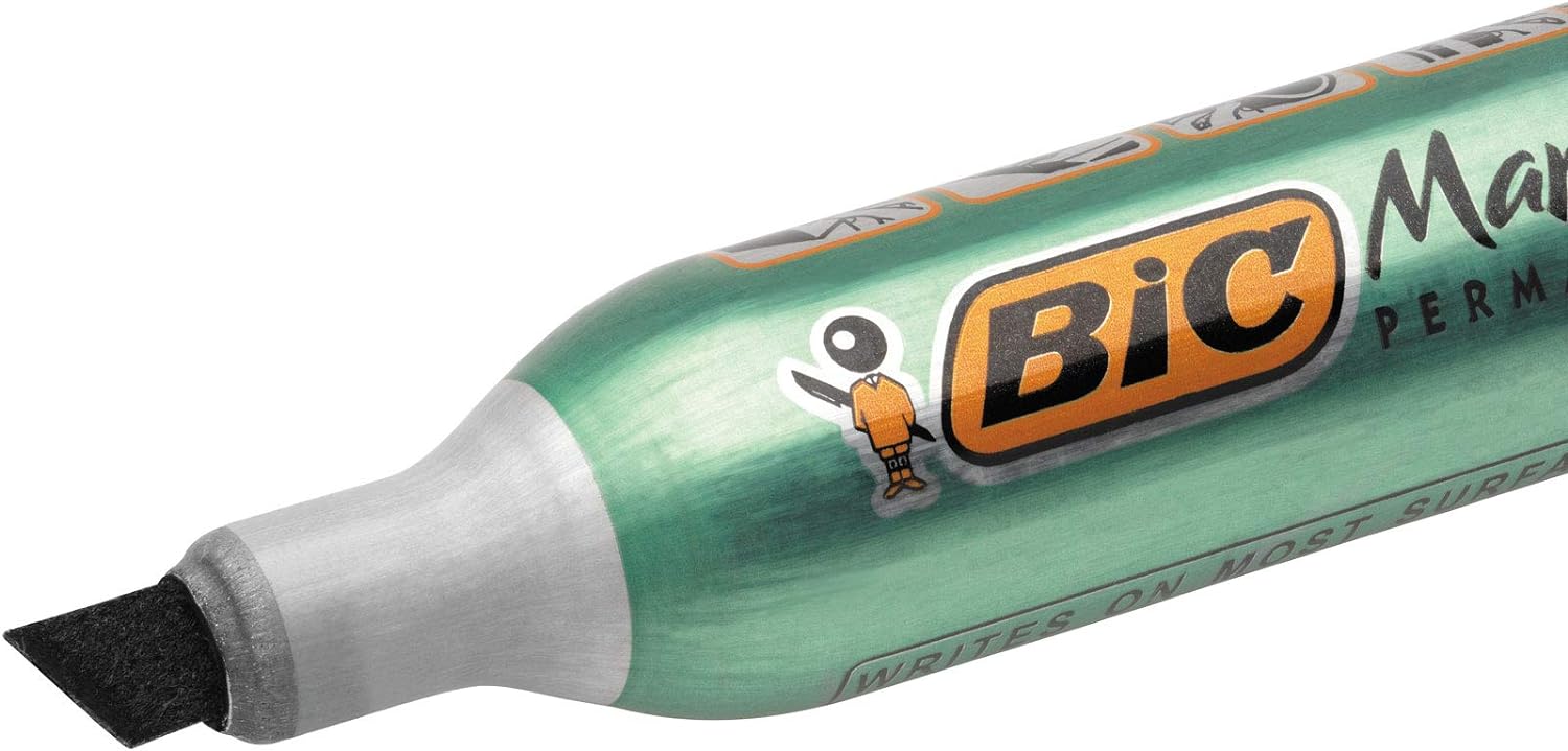Bic - Onyx Marker- 12 Permanent markers Bevel point Metal body large capacity Black ink- 1591 3.5mm - 5.5mm Box of 12