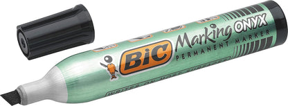Bic - Onyx Marker- 12 Permanent markers Bevel point Metal body large capacity Black ink- 1591 3.5mm - 5.5mm Box of 12
