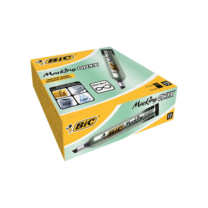 Bic - Onyx Marker- 12 Permanent markers Bevel point Metal body large capacity Black ink- 1591 3.5mm - 5.5mm Box of 12