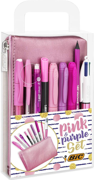 BIC Pink & Purple Set - 1 Pencil Case, 2 Ball Pens/1 Erasable Gel Pen/1 Graphite Pencil with Eraser/1 Writing Felt Pen/3 Permanent Markers/1 Mechanical Pencil