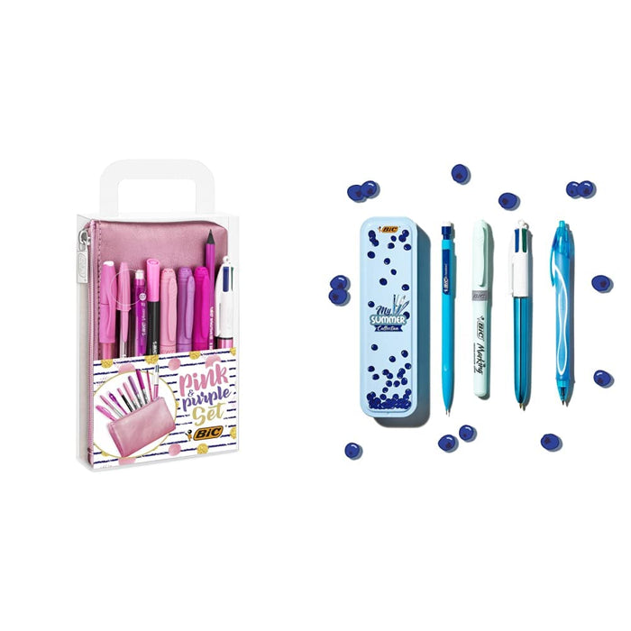 BIC Pink & Purple Set - 1 Pencil Case, 2 Ball Pens/1 Erasable Gel Pen/1 Graphite Pencil with Eraser/1 Writing Felt Pen/3 Permanent Markers/1 Mechanical Pencil