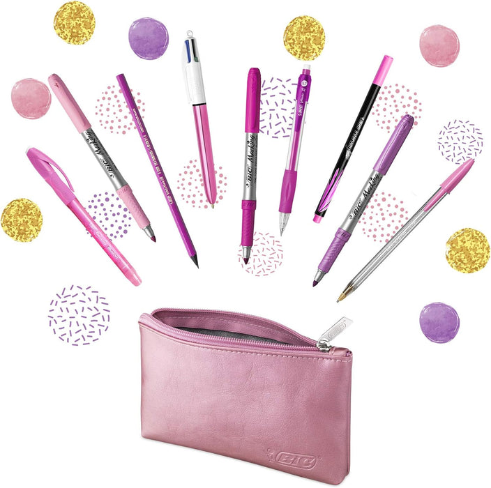 BIC Pink & Purple Set - 1 Pencil Case, 2 Ball Pens/1 Erasable Gel Pen/1 Graphite Pencil with Eraser/1 Writing Felt Pen/3 Permanent Markers/1 Mechanical Pencil